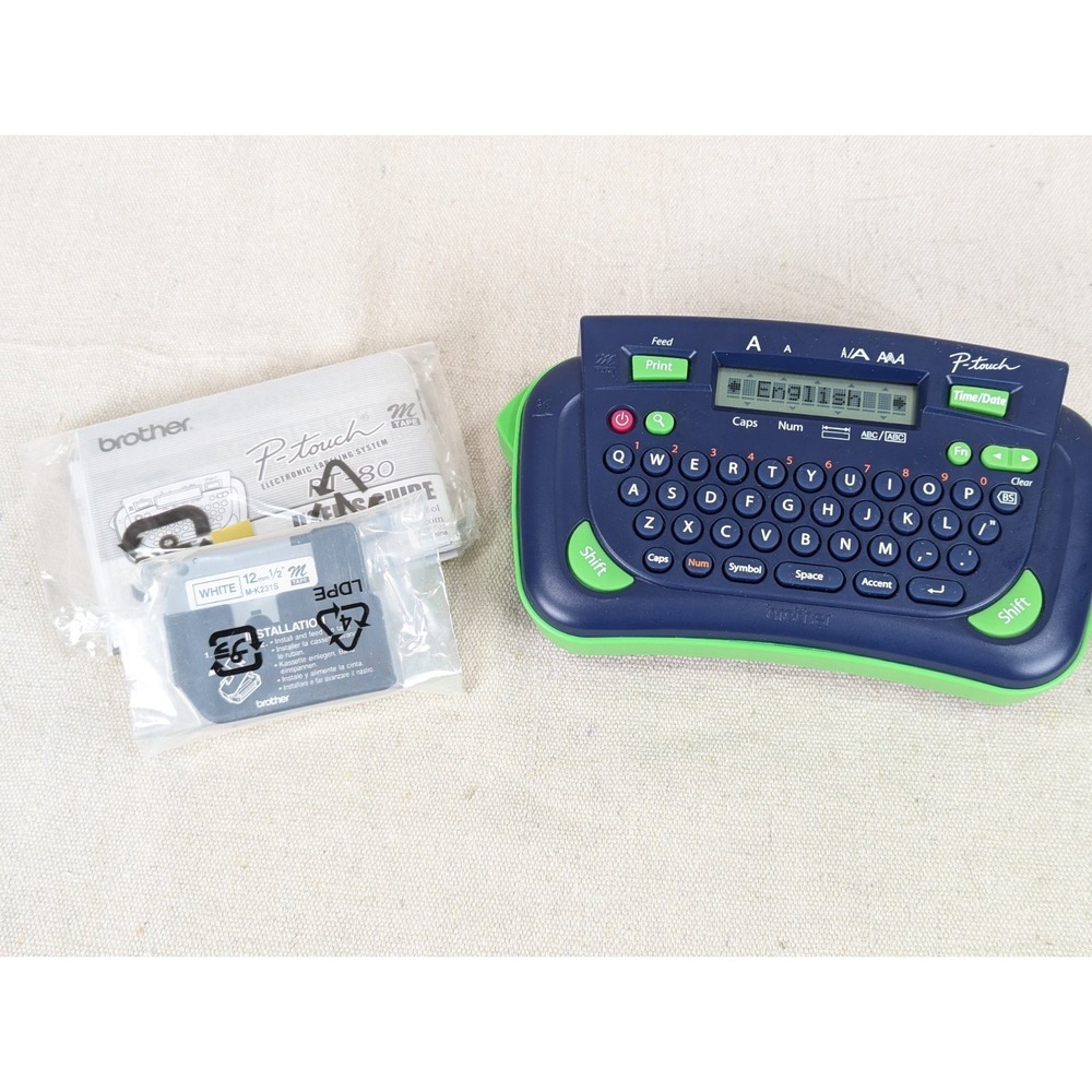 Brother P-Touch PT-80 Label Maker Navy Blue Lime Green with Extra Tape & Manual